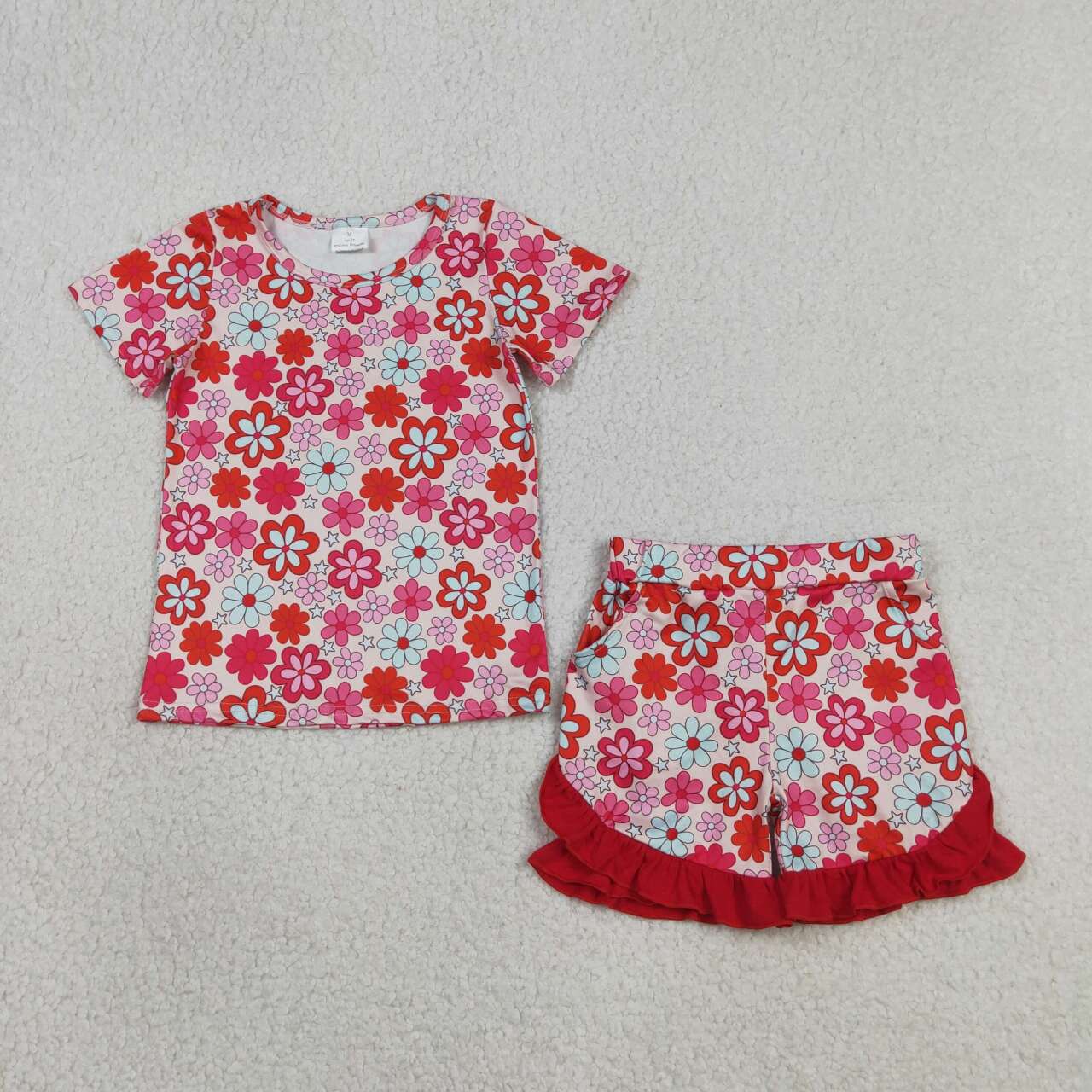 GSSO3471 Red Pink Flowers Short Sleeve & Shorts Set - Girls