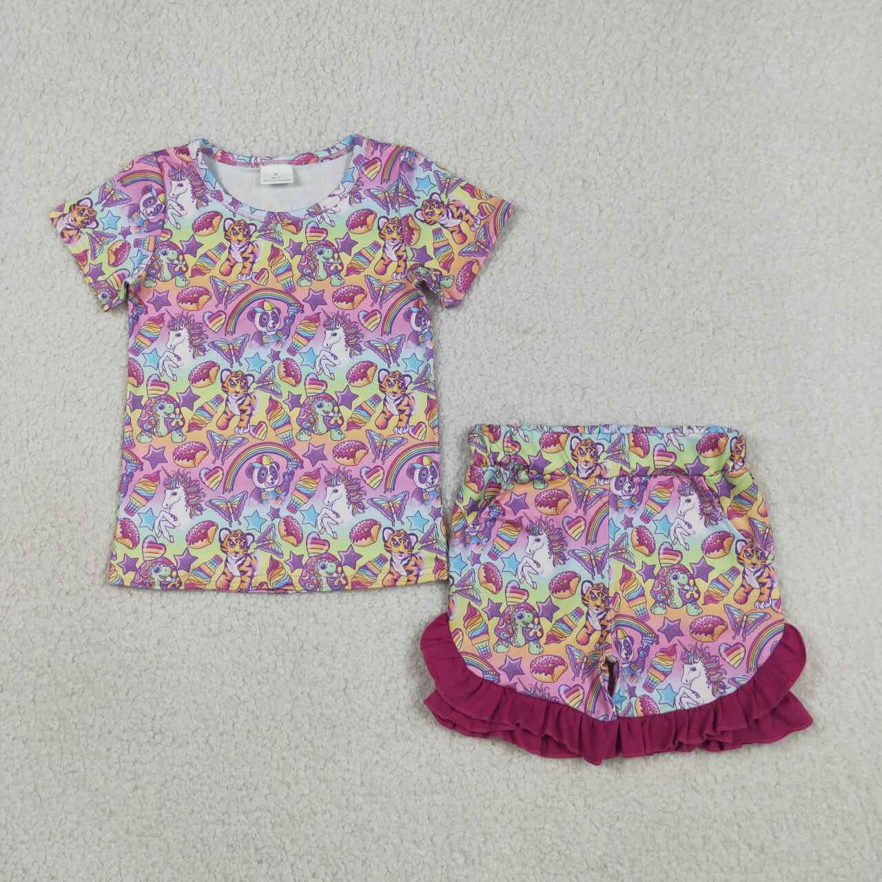 GSSO3472 Cartoon Animals Rainbow Lis* Top Pockets Shorts Girls Summer Clothes Set