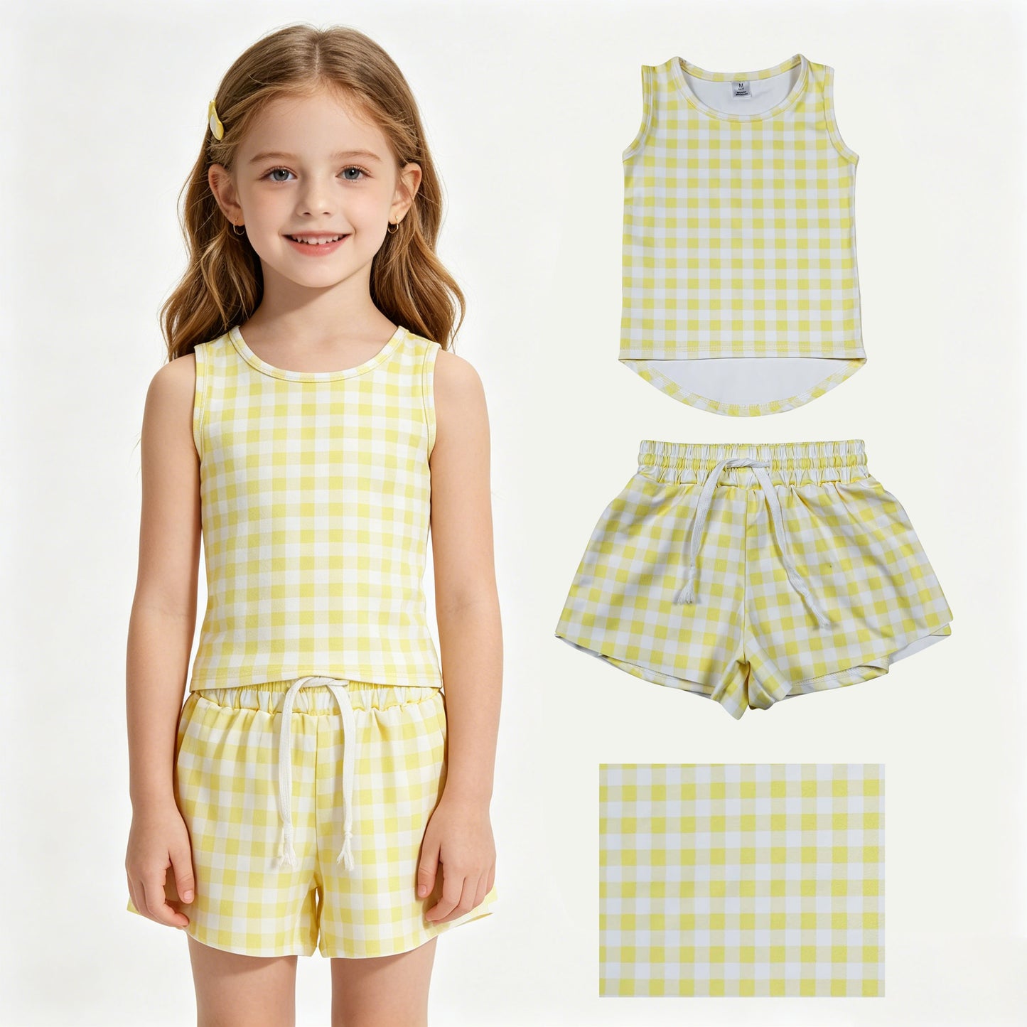GSSO3475 Yellow Checked Vests Top Flutter Shorts Girls Summer Yoga Active Clothes Set