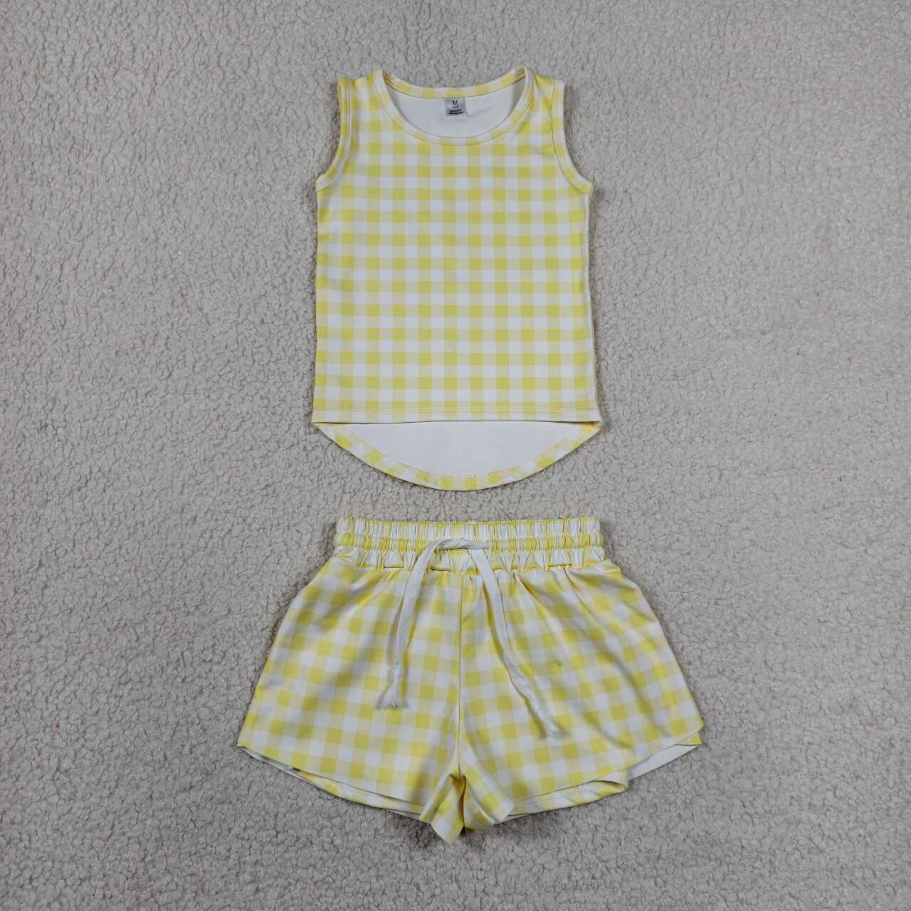 GSSO3475 Yellow Checked Vests Top Flutter Shorts Girls Summer Yoga Active Clothes Set