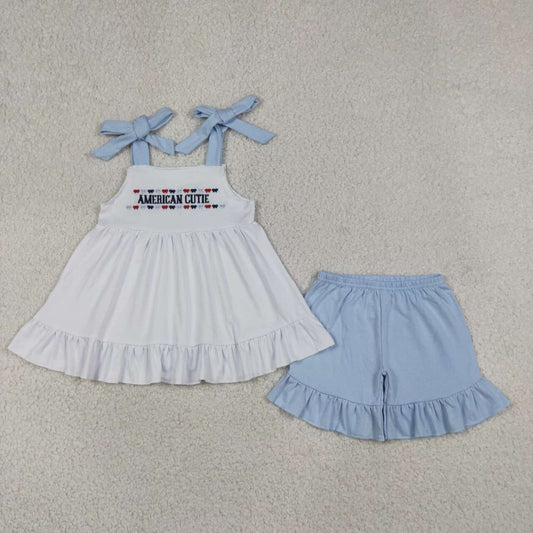 GSSO3480 American Cutie Embroidery White Strap Tunic Top Blue Ruffle Shorts Girls 4th of July Cotton Outfits