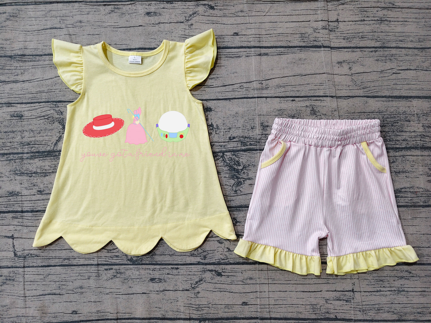 GSSO3495 Baby Girls Cartoon Toy Ruffle Shorts Set Preorder