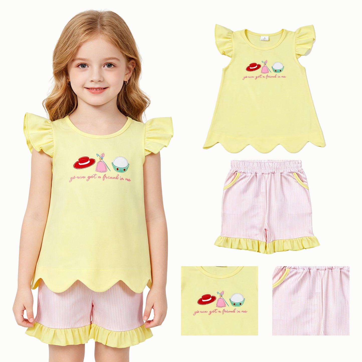 GSSO3495 Cartoon Toy Embroidery Scallop Top Ruffle Shorts Girls Summer Clothes Set