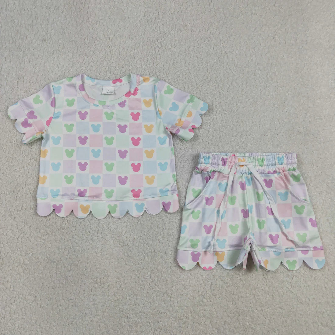 Sibling Baby Girls Colorful Flowers Top Pockets Shorts Scallop Clothes Sets