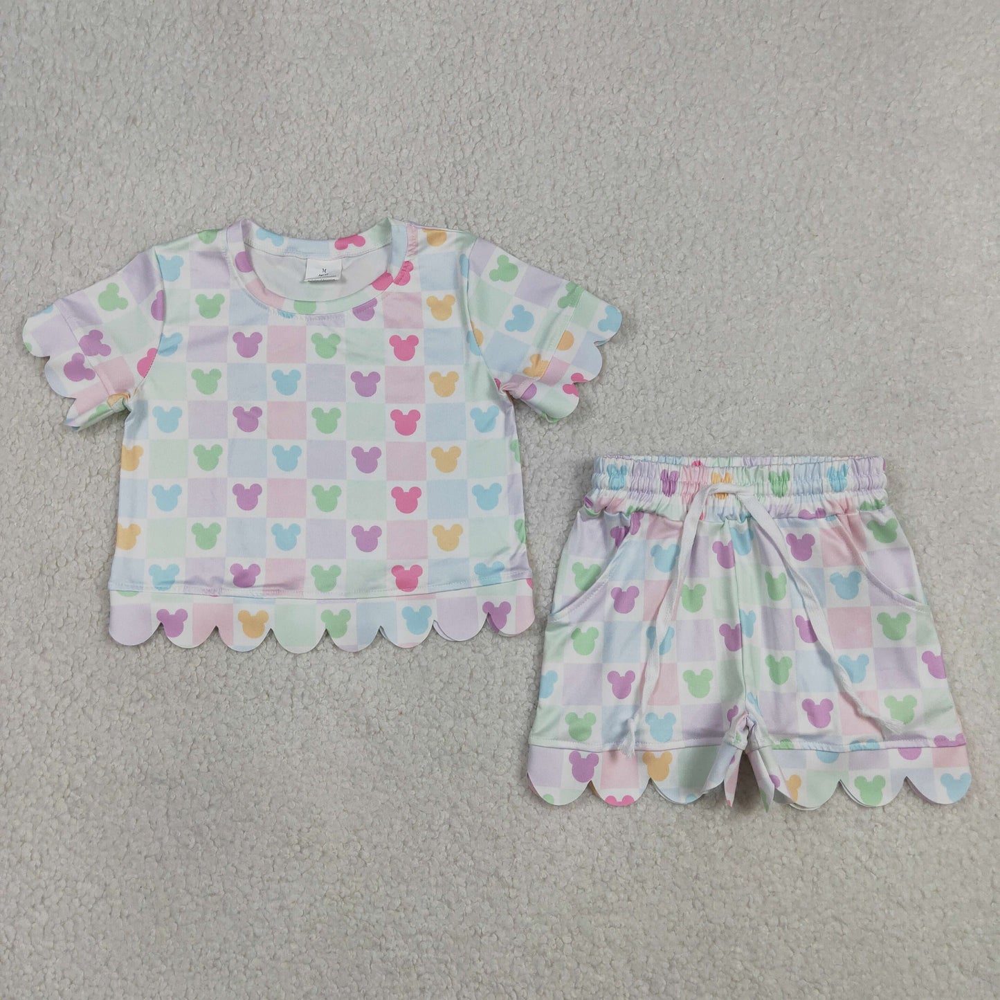 Colorful Mouse Plaid Top Pockets Shorts Girls Summer Scallop Clothes Set