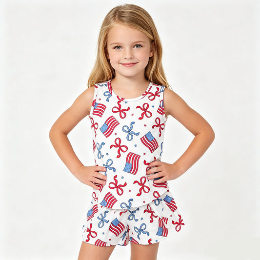GSSO3520 Flag Bows Sleeveless Top Flutter Shorts Girls 4th of July Clothes Set