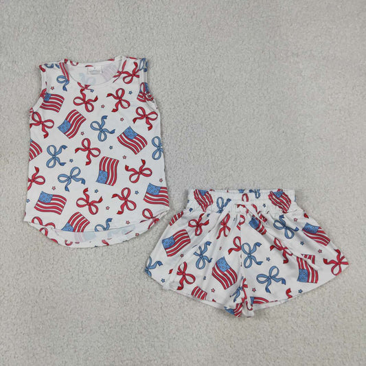 GSSO3520 Flag Bows Sleeveless Top Flutter Shorts Girls 4th of July Clothes Set