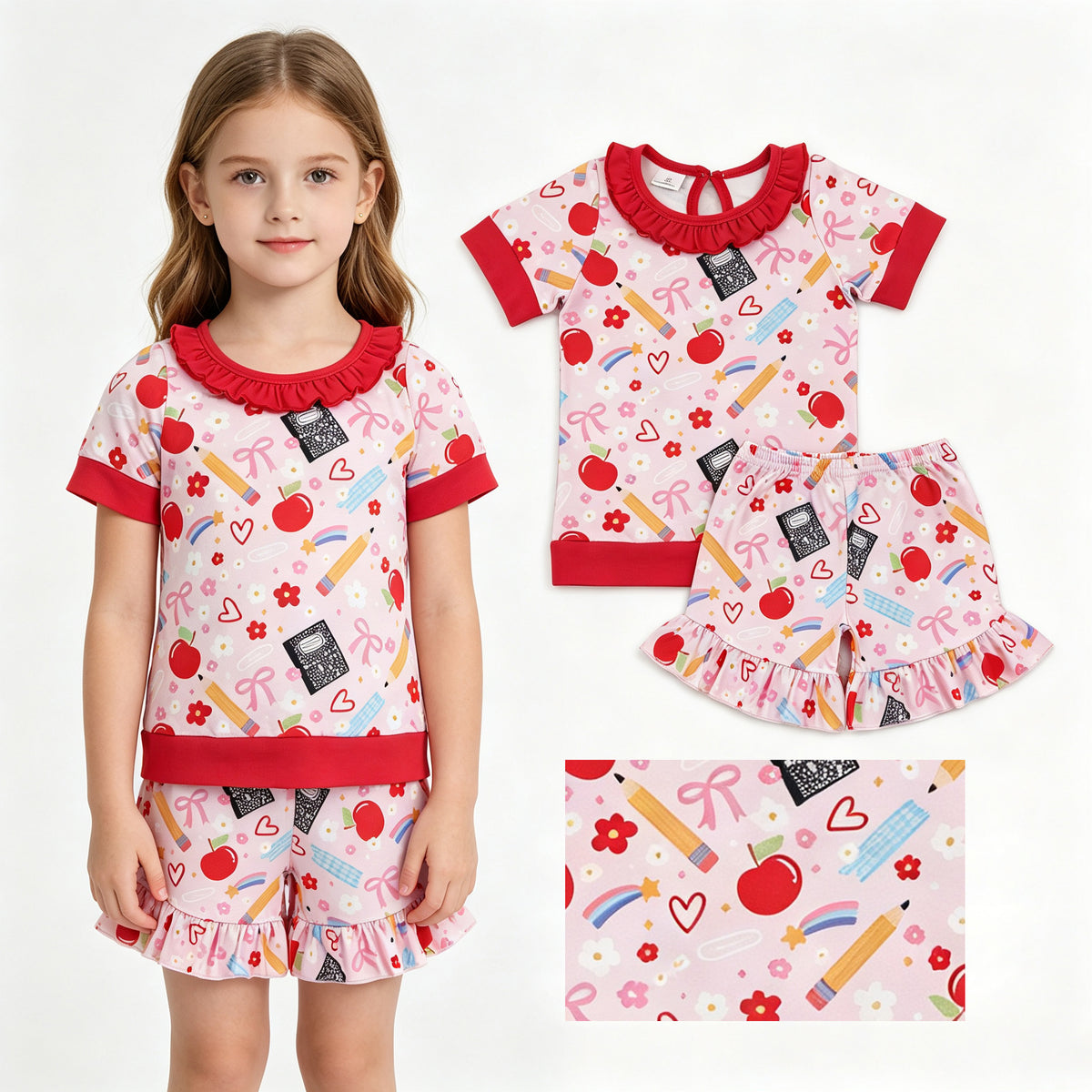 GSSO3525 Apple Pen Bows Ruffle Girls Back to School Clothes Set