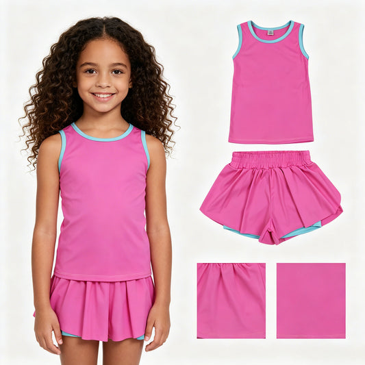 GSSO3526 Hot Pink Vest Top Flutter Shorts Girls Summer Yoga Clothes Set