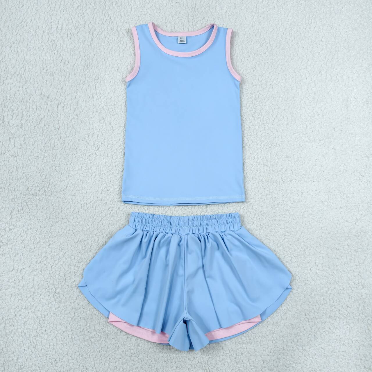 GSSO3527 Blue Vest Top Flutter Shorts Girls Summer Yoga Clothes Set