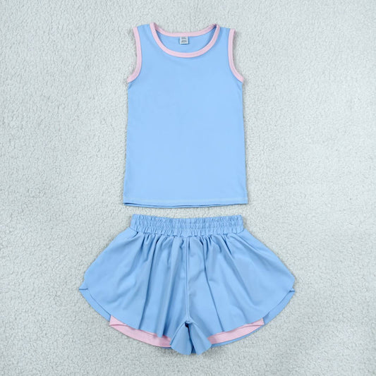 GSSO3527 Blue Vest Top Flutter Shorts Girls Summer Yoga Clothes Set