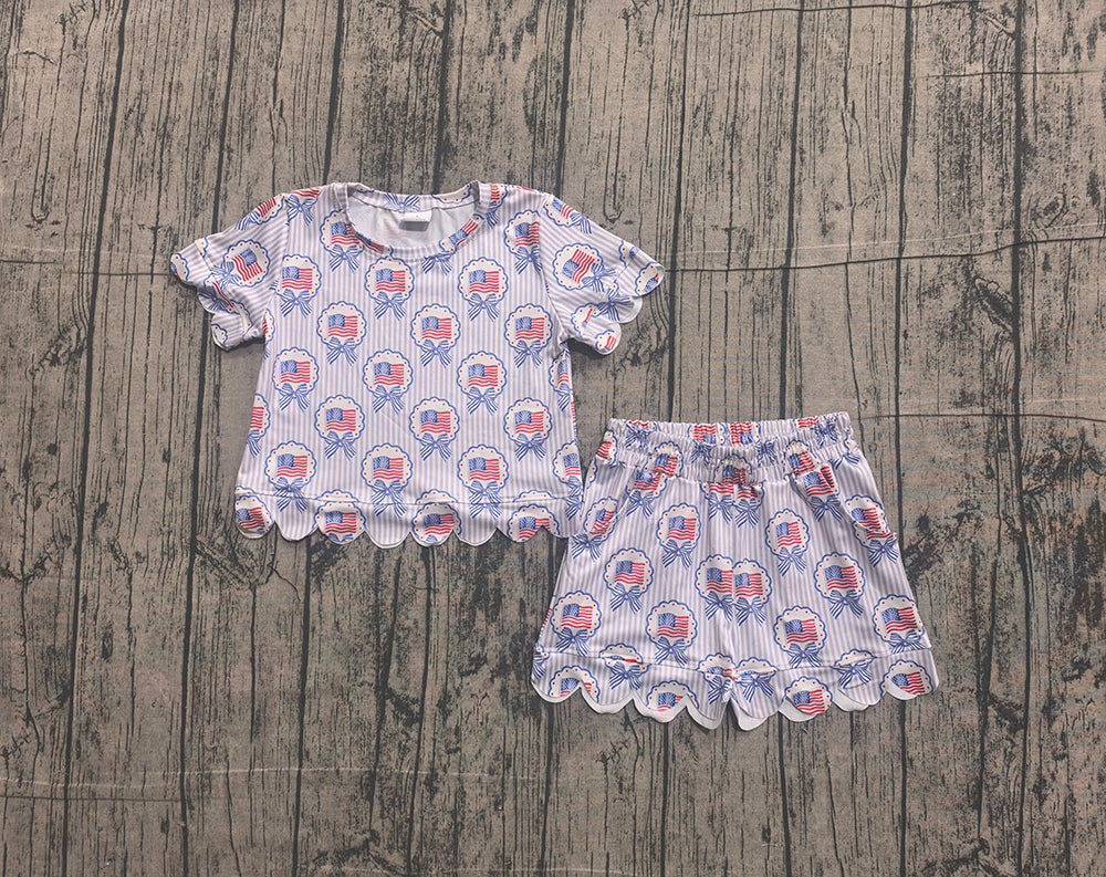 GSSO3555 Preorder Flag Bows Stripes Baby Girls 4th of July Scallop Clothes Set