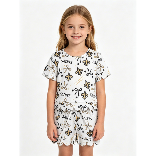 GSSO3561 Teams SAINTS Bows Print Girls Summer Scallop Clothes Set