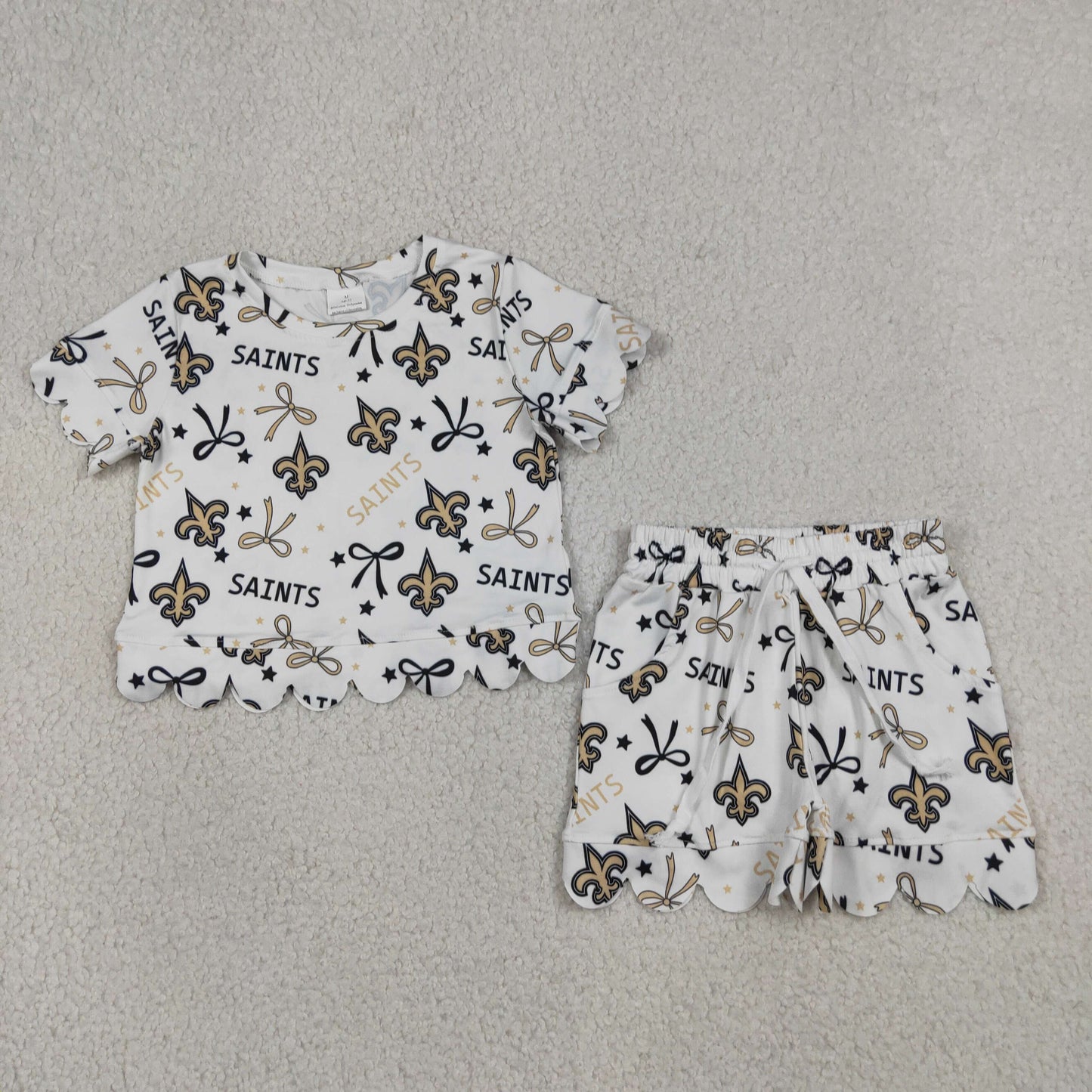 8 Colors Teams Stars & Bows Print Girls Scallop Summer Clothes Set Sisters Wear