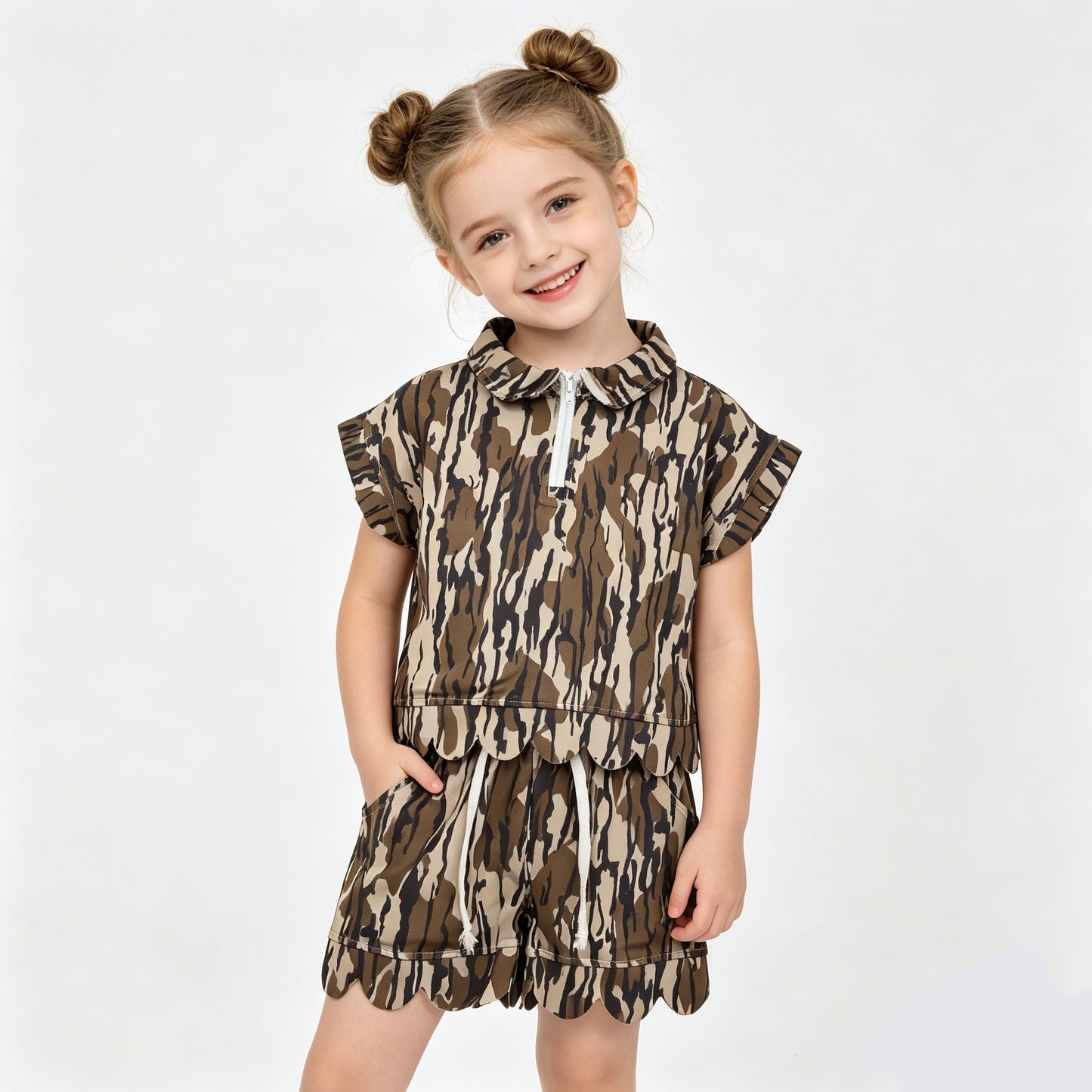 2 Colors Camo Zipper Top Pockets Shorts Girls Summer Scallop Clothes Set Sisters Wear