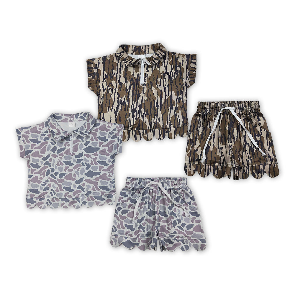 2 Colors Camo Zipper Top Pockets Shorts Girls Summer Scallop Clothes Set Sisters Wear