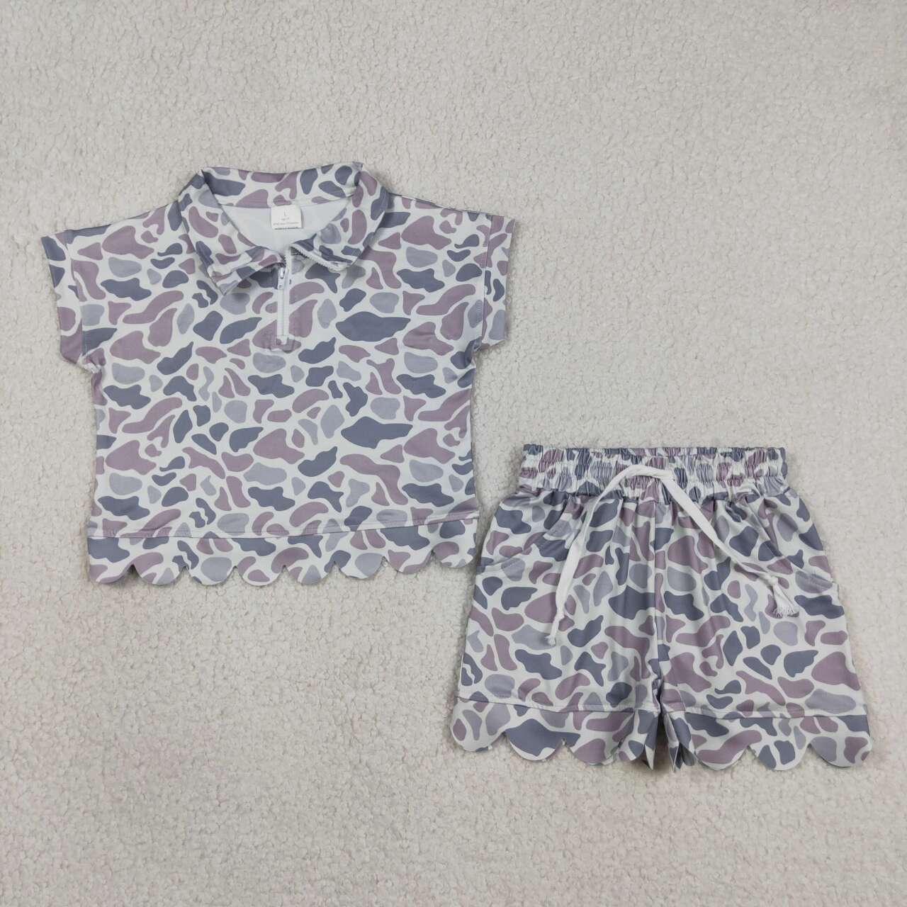 2 Colors Camo Zipper Top Pockets Shorts Girls Summer Scallop Clothes Set Sisters Wear