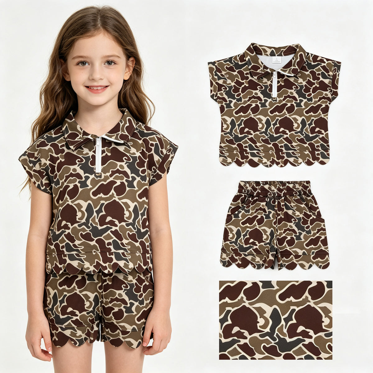 3 Colors Camo Zipper Top Pockets Shorts Girls Summer Scallop Clothes Set Sisters Wear