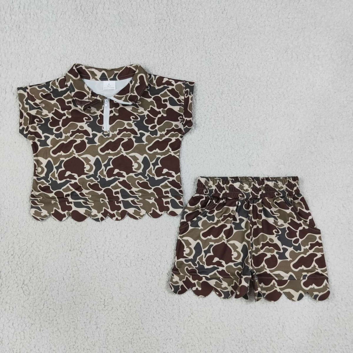 3 Colors Camo Zipper Top Pockets Shorts Girls Summer Scallop Clothes Set Sisters Wear
