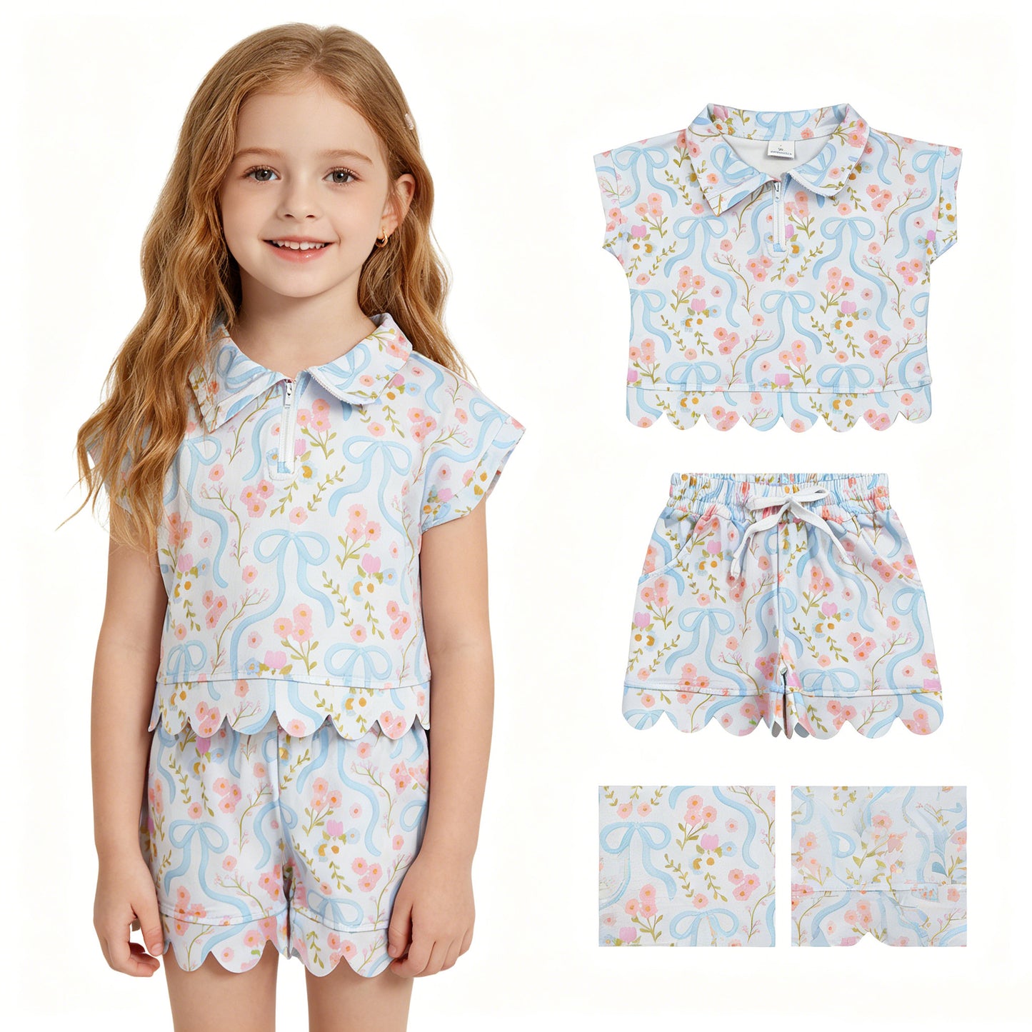 GSSO3575  Flowers Bows Zipper Top Pockets Shorts Girls Summer Scallop Clothes Set