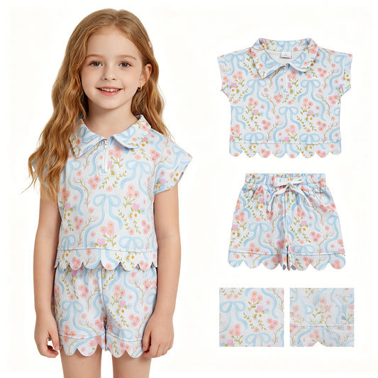 GSSO3575  Flowers Bows Zipper Top Pockets Shorts Girls Summer Scallop Clothes Set