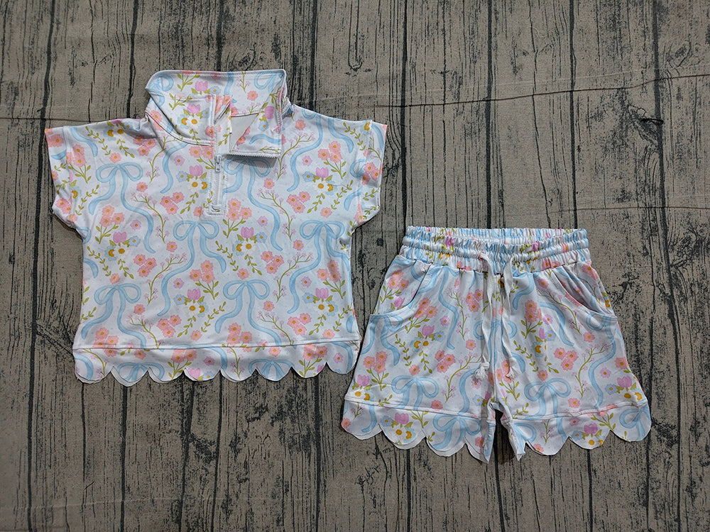 Preorder GSSO3575  Flowers Zipper Top Pockets Shorts Girls Summer Scallop Clothes Set