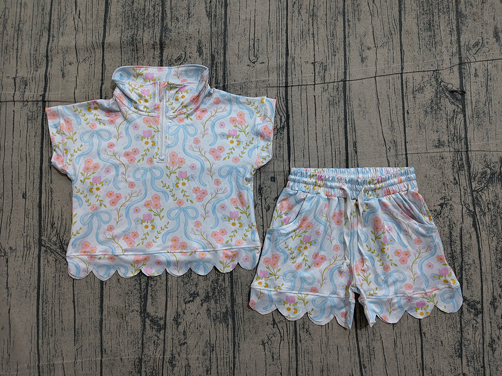 Preorder GSSO3575  Flowers Zipper Top Pockets Shorts Girls Summer Scallop Clothes Set