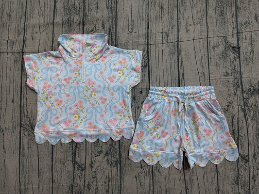 Preorder GSSO3575  Flowers Zipper Top Pockets Shorts Girls Summer Scallop Clothes Set