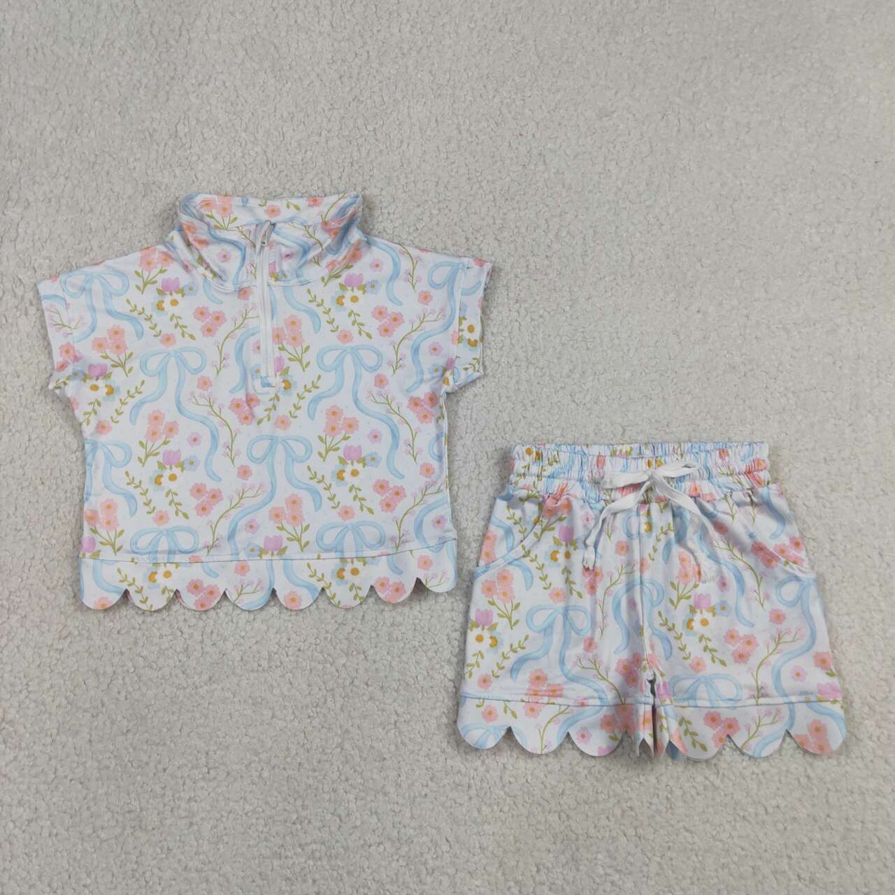 GSSO3575  Flowers Bows Zipper Top Pockets Shorts Girls Summer Scallop Clothes Set