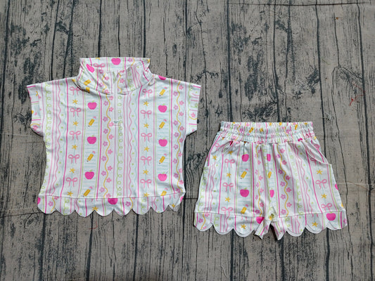 Baby Girls Pencils Flowers Zipper Top Scallop Short 4th of July Clothes Sets Preorder