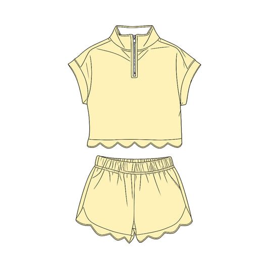 3.13 GSSO3594 Preorder Yellow Cotton Zipper Top Shorts Girls Summer Scallop Clothes Set