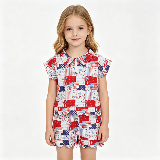 GSSO3599 Flag Bows Plaid Zipper Top Pockets Shorts Girls 4th of July Scallop Clothes Set