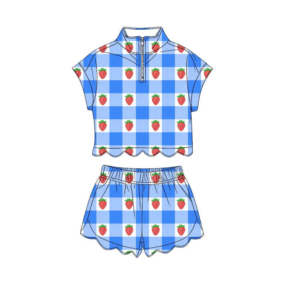 3.17 GSSO3600 Preorder Strawberry Blue Plaid Zipper Top Shorts Girls 4th of July Scallop Clothes Set