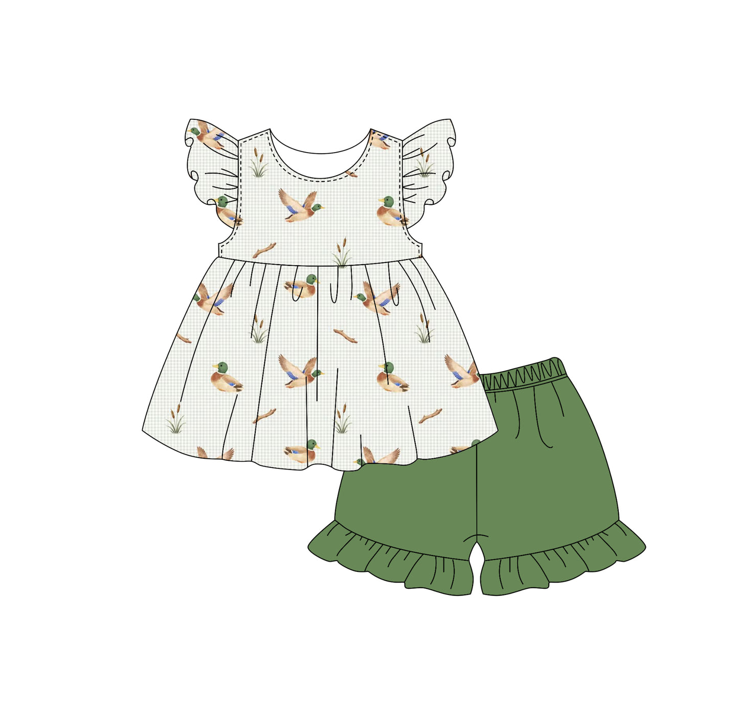 3.17 GSSO3602 Preorder Duck Tunic Top Green Shorts Girls Summer Clothes Set