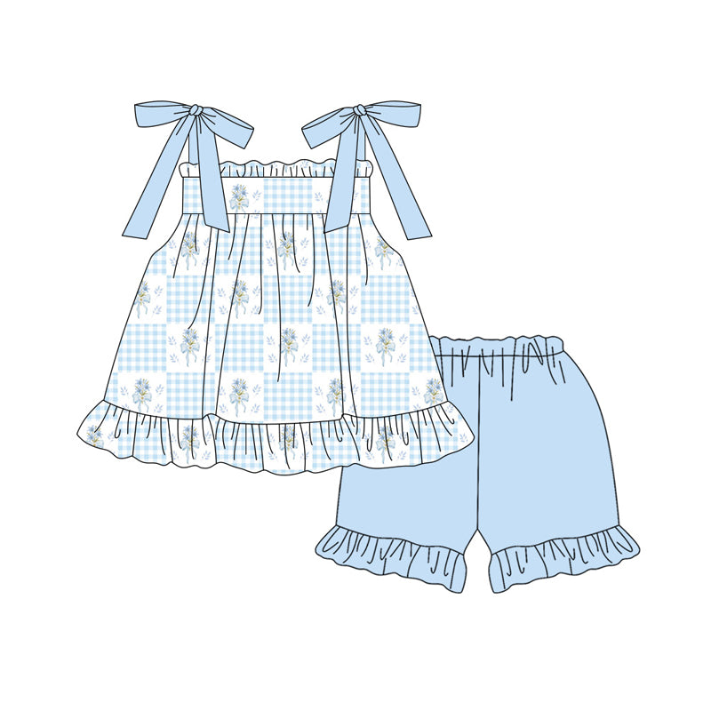 3.18 GSSO3605 Preorder Small Flowers Plaid Tunic Top Blue Shorts Girls Summer Clothes Set