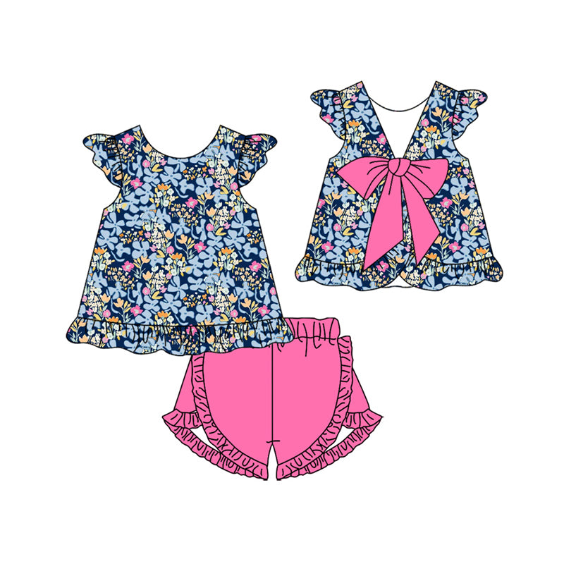 3.18 GSSO3607 Preorder Colorful Flowers Tunic Top Hot Pink Shorts Girls Summer Clothes Set