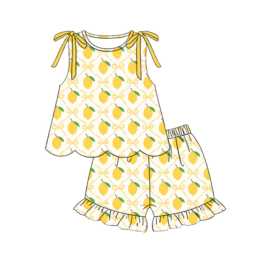 3.21 GSSO3611 Preorder Lemon Bows Scallop Sleeveless Top Ruffle Shorts Girls Summer Clothes Set