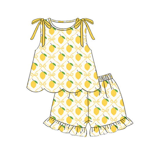 3.21 GSSO3611 Preorder Lemon Bows Scallop Sleeveless Top Ruffle Shorts Girls Summer Clothes Set