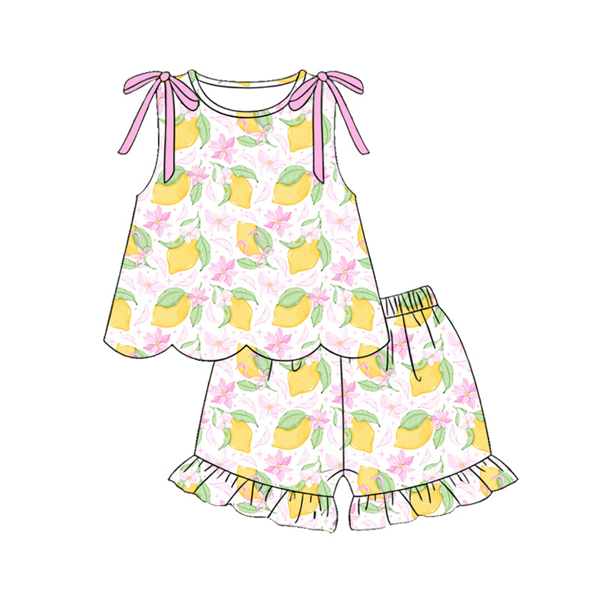 3.21 GSSO3612 Preorder Lemon Flowers Scallop Sleeveless Top Ruffle Shorts Girls Summer Clothes Set