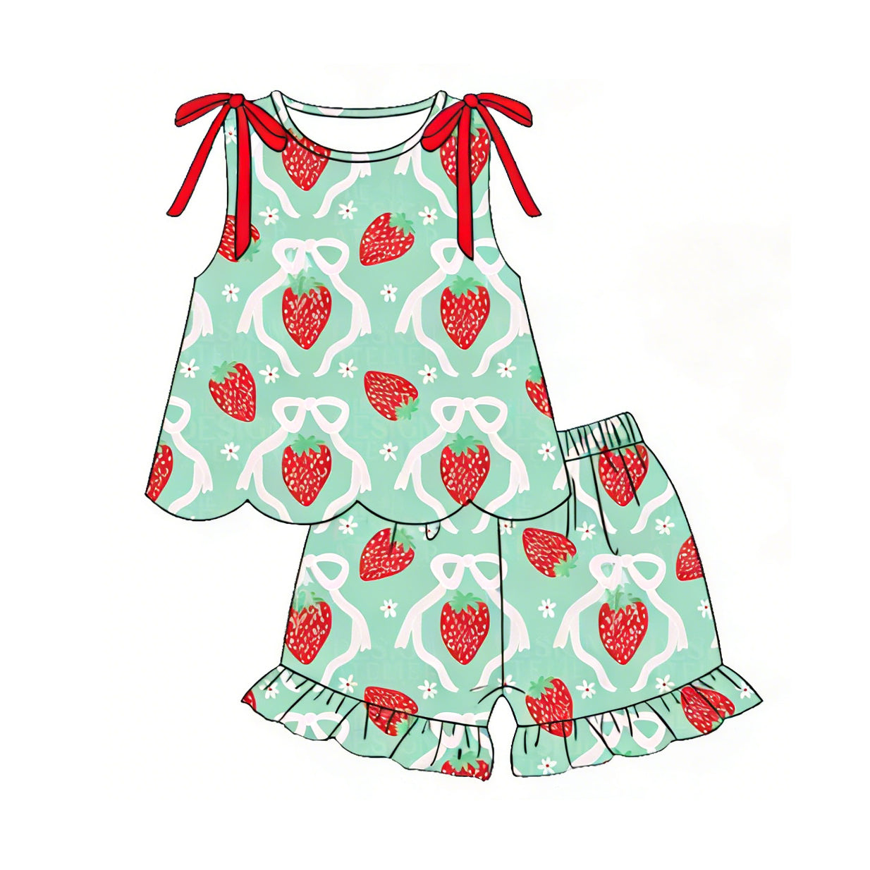 3.21 GSSO3613 Preorder Strawberry Bows Scallop Sleeveless Top Ruffle Shorts Girls Summer Clothes Set