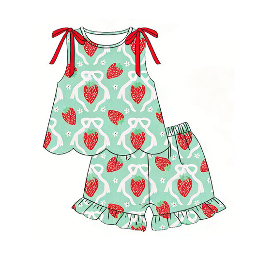 3.21 GSSO3613 Preorder Strawberry Bows Scallop Sleeveless Top Ruffle Shorts Girls Summer Clothes Set