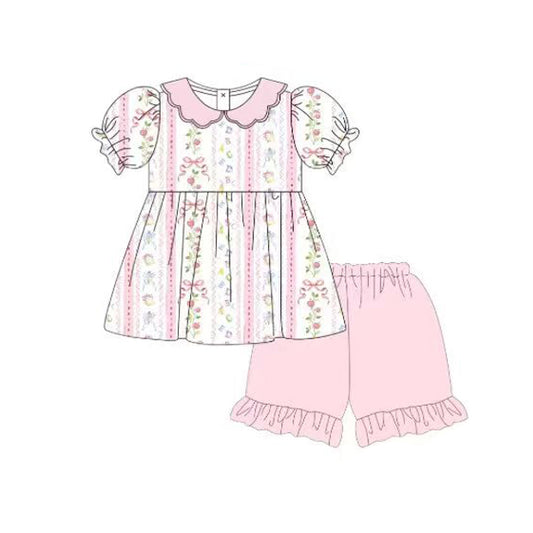 3.21 GSSO3615 Preorder Flowers Bows Tunic Top Pink Shorts Girls Summer Clothes Set