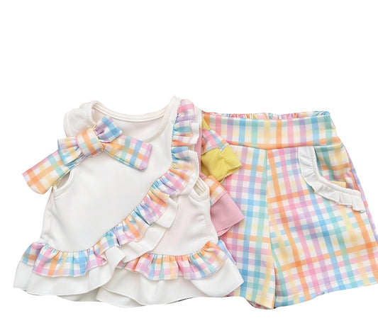 3.21 GSSO3617 Preorder White Ruffle Top Colorful Plaid Shorts Girls Summer Clothes Set