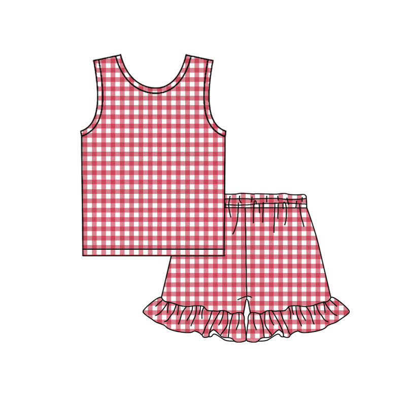 3.21 GSSO3623 Preorder Red Plaid Sleeveless Top Ruffle Shorts Girls Summer Clothes Set