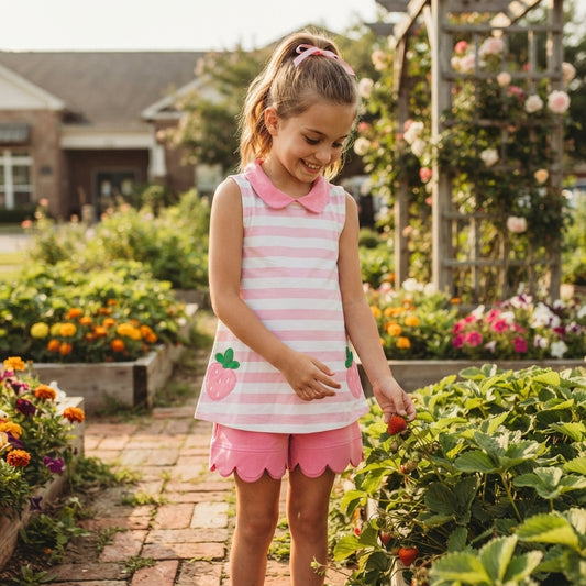GSSO3631 Strawberry Embroidery Stripes Sleeveless Top Pink Scallop Shorts Girls Summer Clothes Set