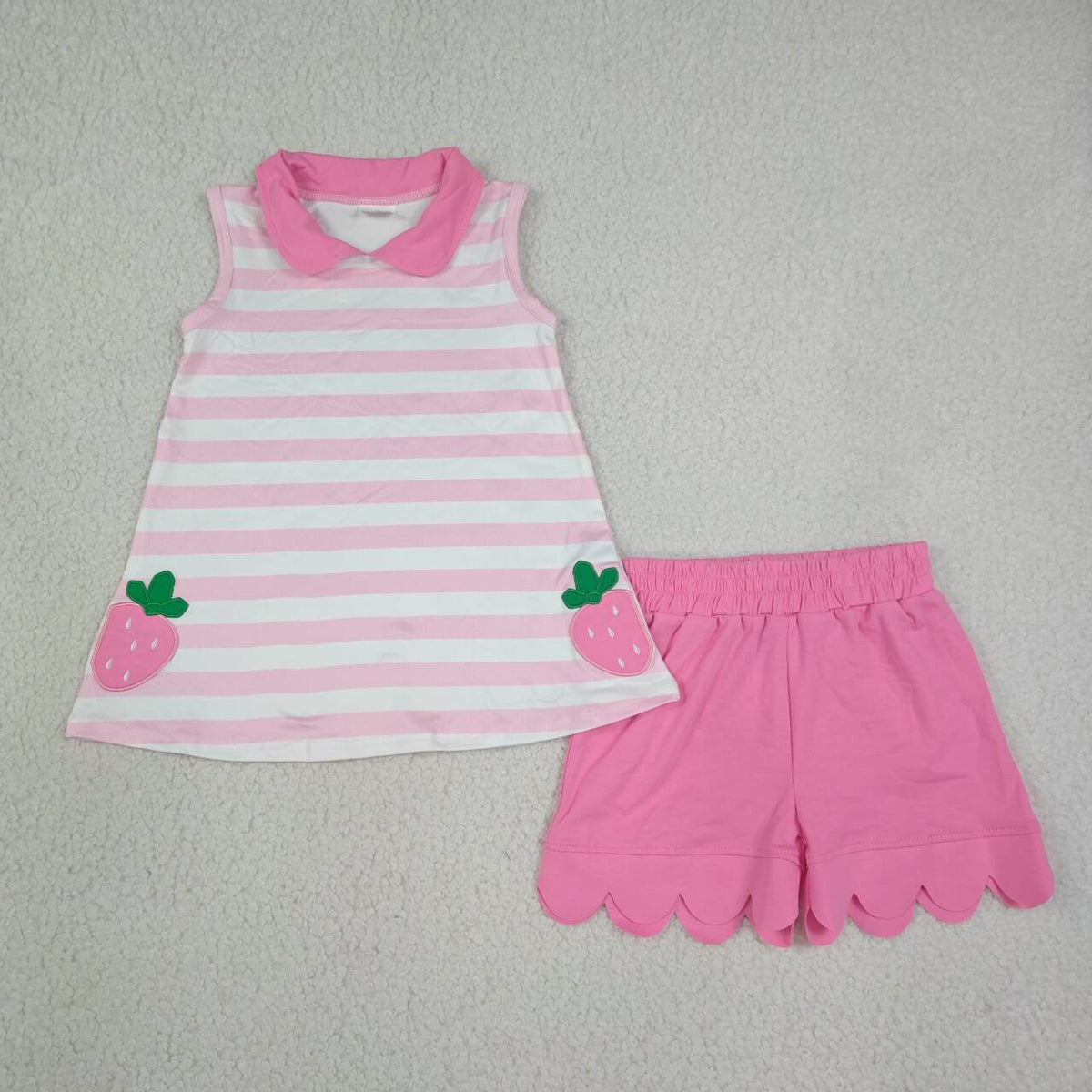 GSSO3631 Strawberry Embroidery Stripes Sleeveless Top Pink Scallop Shorts Girls Summer Clothes Set