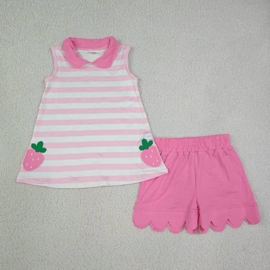 GSSO3631 Strawberry Embroidery Stripes Sleeveless Top Pink Scallop Shorts Girls Summer Clothes Set