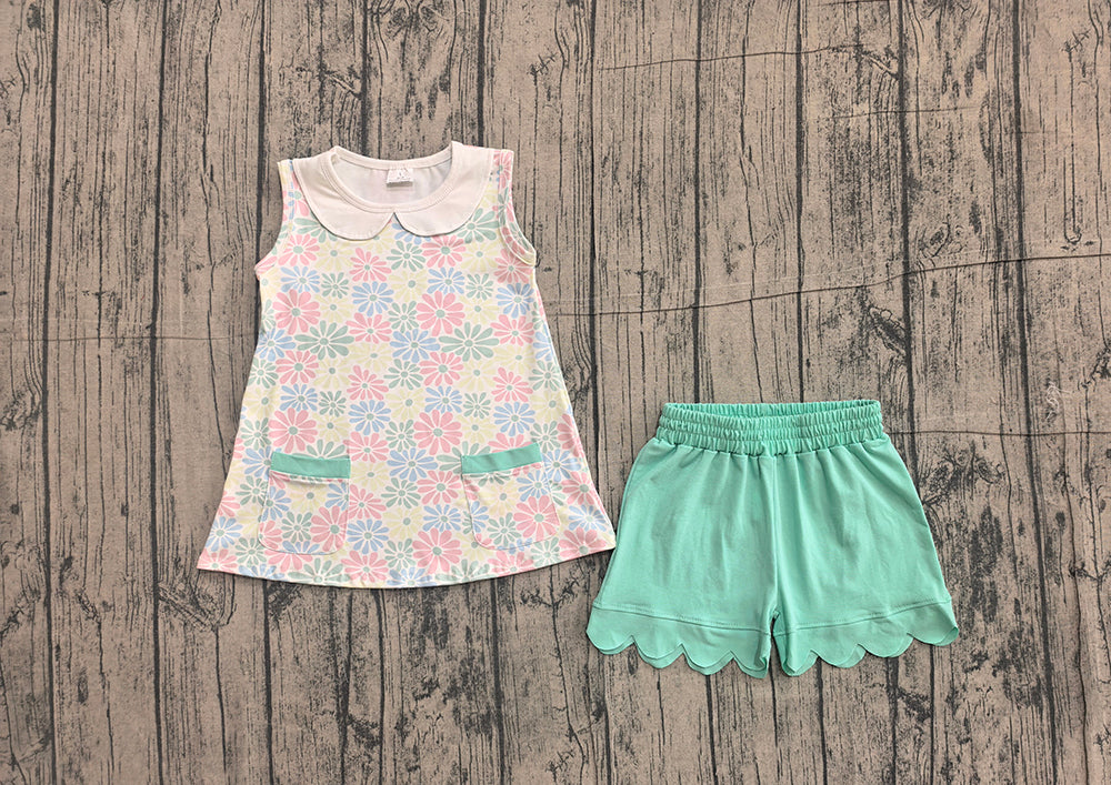 GSSO3632 Preorder  Flowers Pockets Doll Top Green Scallop Shorts Baby Girls Summer Clothes Set