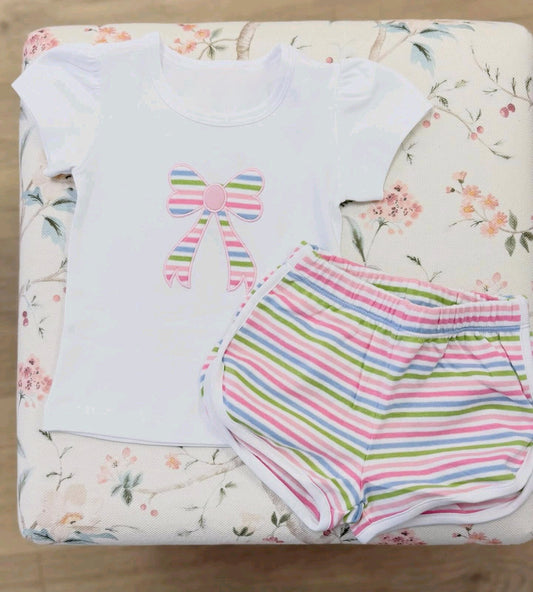 3.23  Baby Girls Colorful Bow Short Sleeve Top With Shorts Outfit Preorder
