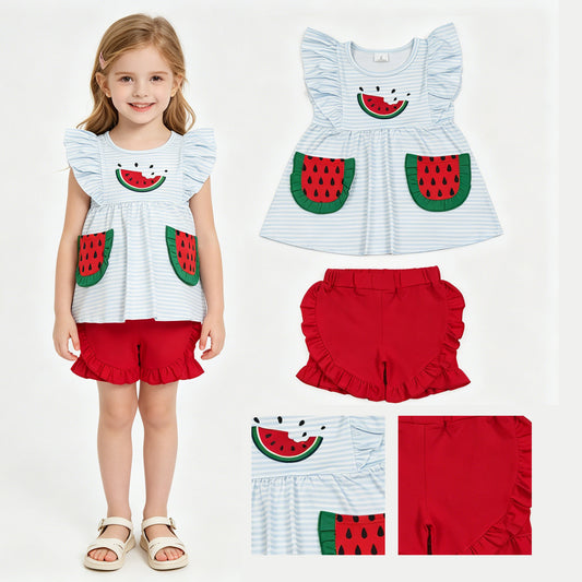 GSSO3636 Watermelon Embroidery Stripes Pockets Tunic Top Red Shorts Girls Summer Clothes Set